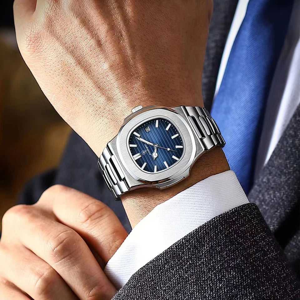 POEDAGAR Luxury Watch Business 50 ATM Waterproof Male Clock Luminous Date Stainless Steel Square Quartz Men Watches