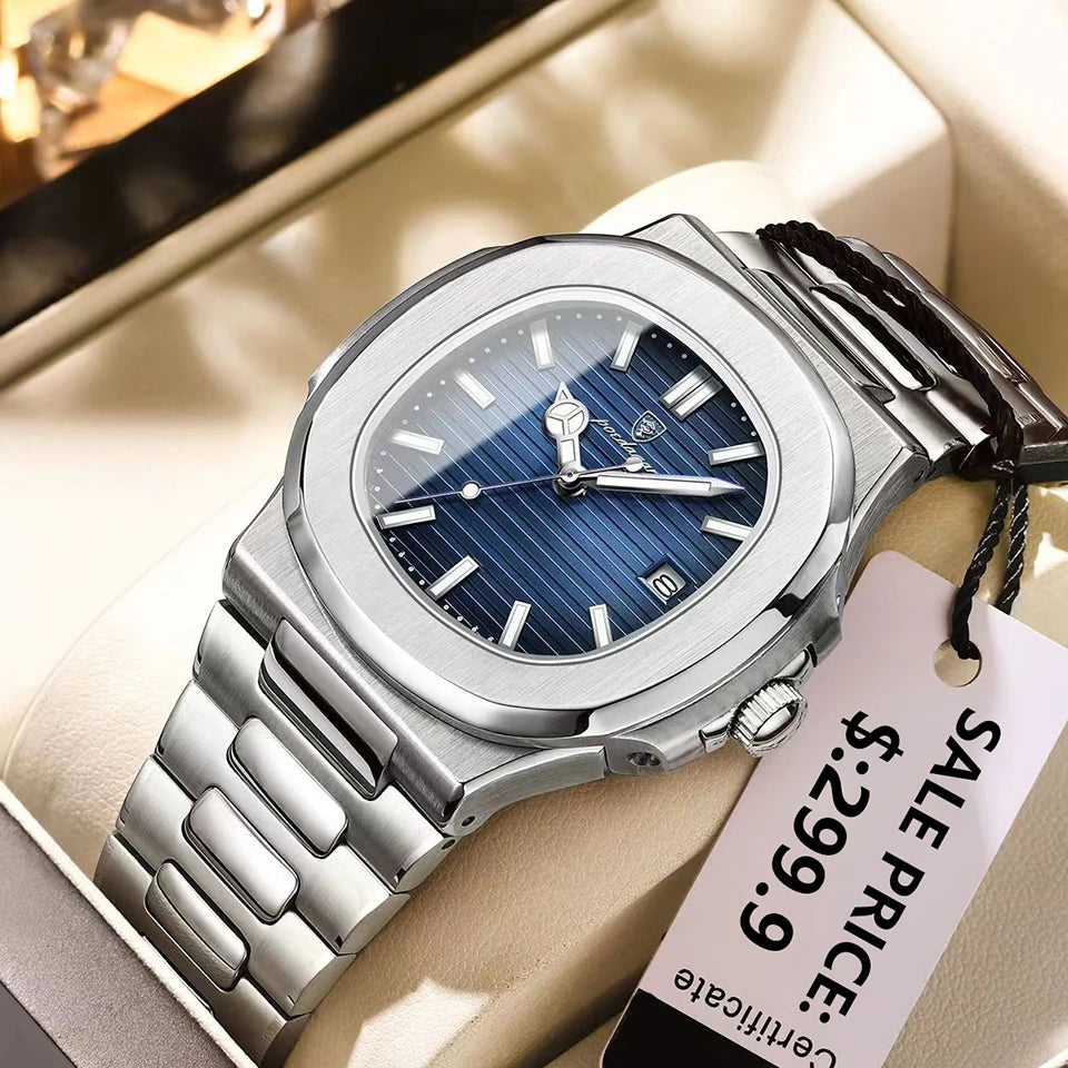 POEDAGAR Luxury Watch Business 50 ATM Waterproof Male Clock Luminous Date Stainless Steel Square Quartz Men Watches