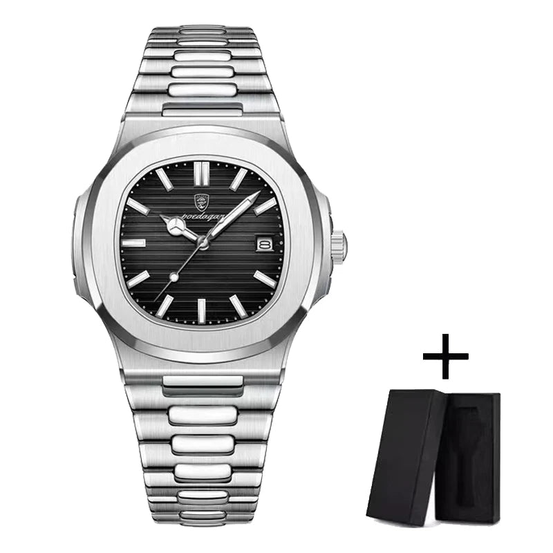 POEDAGAR Luxury Watch Business 50 ATM Waterproof Male Clock Luminous Date Stainless Steel Square Quartz Men Watches