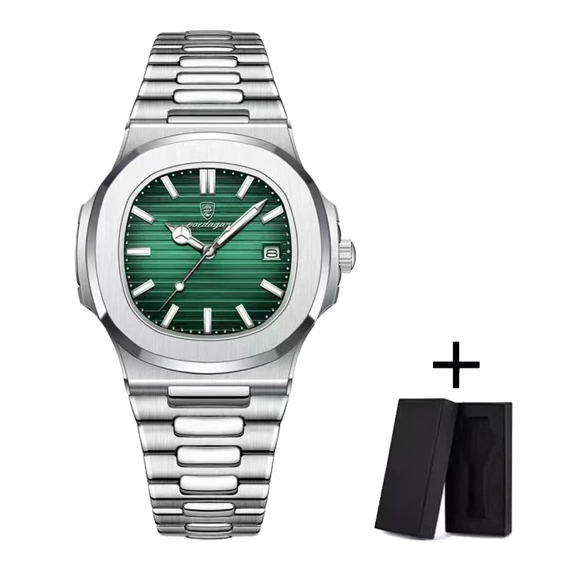 POEDAGAR Luxury Watch Business 50 ATM Waterproof Male Clock Luminous Date Stainless Steel Square Quartz Men Watches