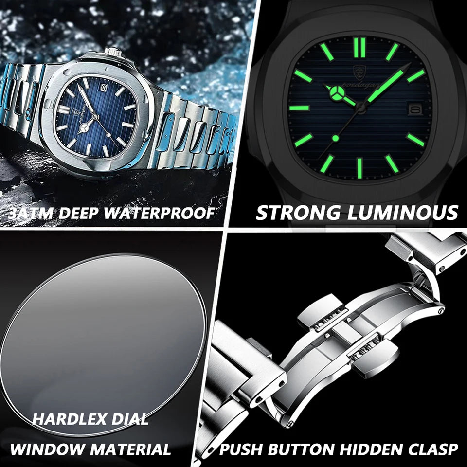 POEDAGAR Luxury Watch Business 50 ATM Waterproof Male Clock Luminous Date Stainless Steel Square Quartz Men Watches