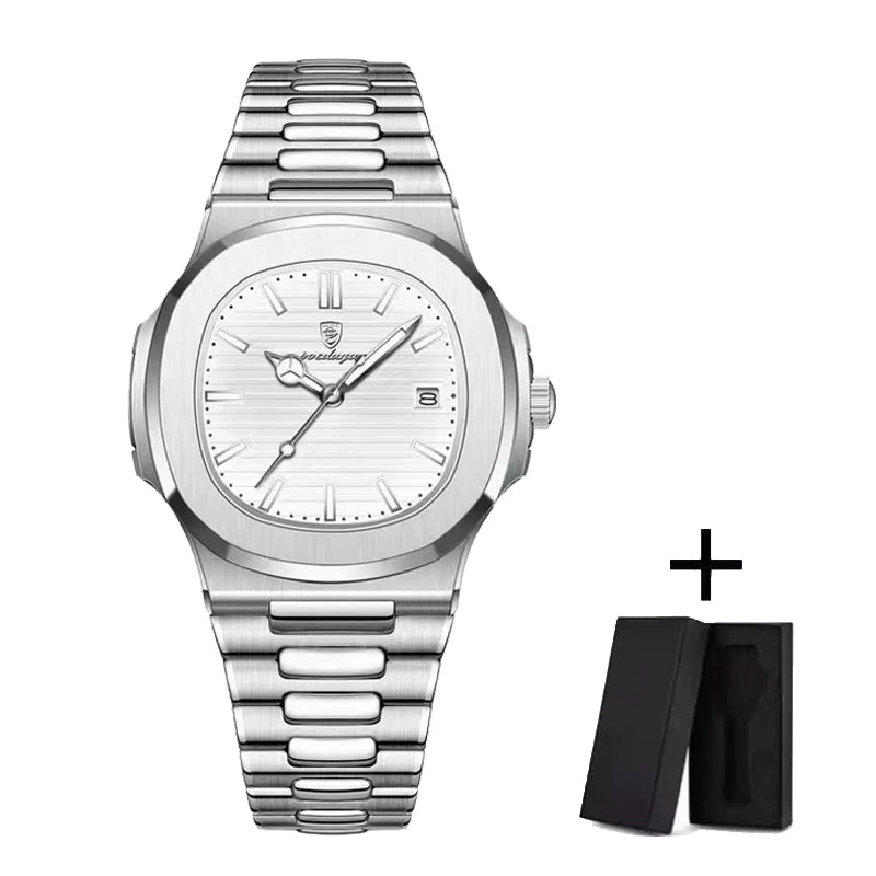 POEDAGAR Luxury Watch Business 50 ATM Waterproof Male Clock Luminous Date Stainless Steel Square Quartz Men Watches