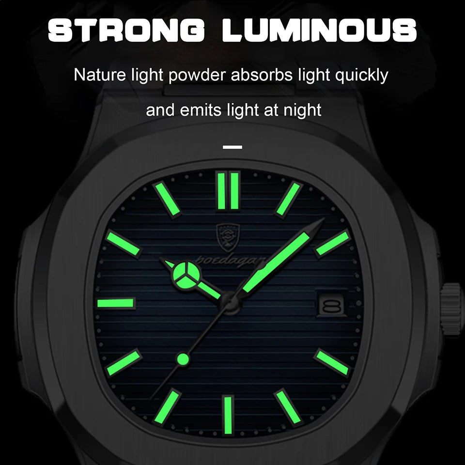 POEDAGAR Luxury Watch Business 50 ATM Waterproof Male Clock Luminous Date Stainless Steel Square Quartz Men Watches