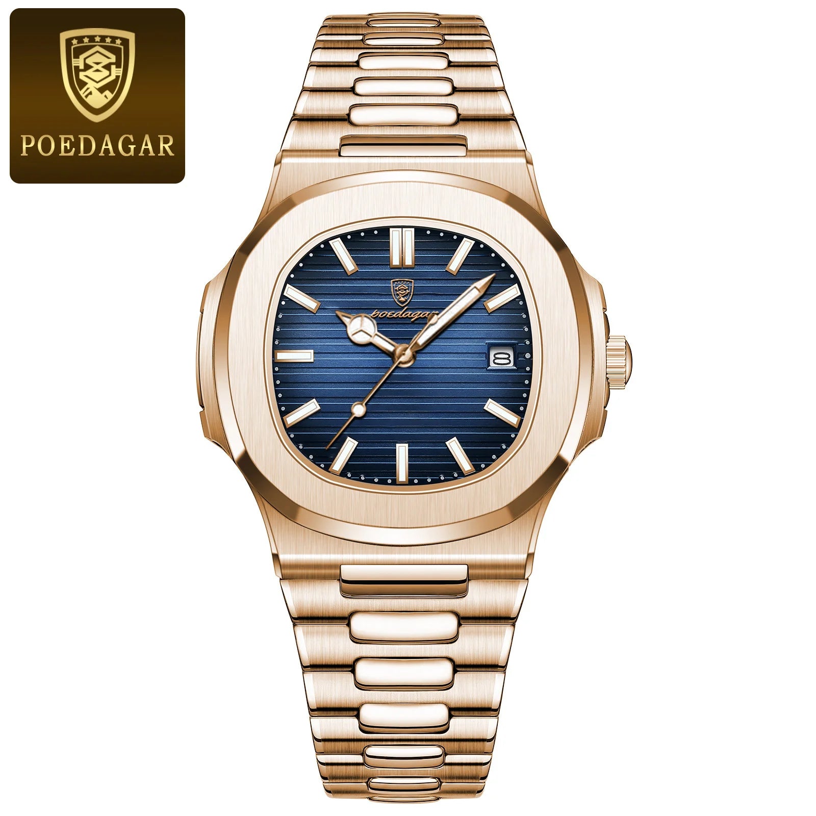 POEDAGAR Luxury Watch Business 50 ATM Waterproof Male Clock Luminous Date Stainless Steel Square Quartz Men Watches