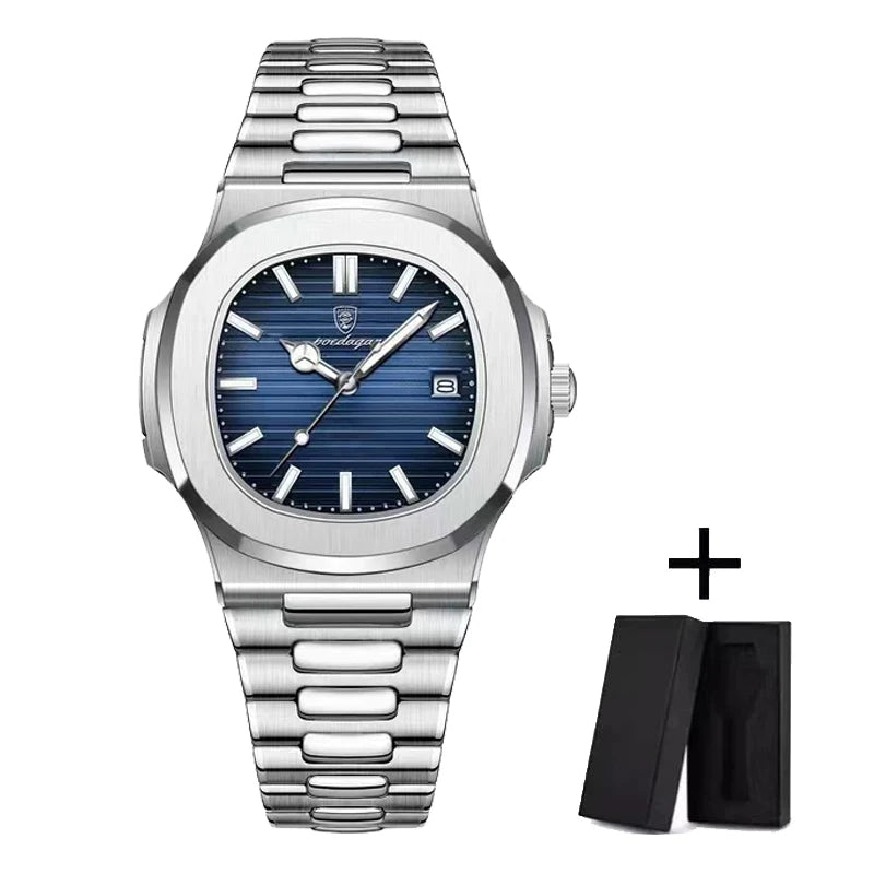 POEDAGAR Luxury Watch Business 50 ATM Waterproof Male Clock Luminous Date Stainless Steel Square Quartz Men Watches