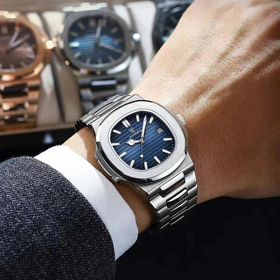 POEDAGAR Luxury Watch Business 50 ATM Waterproof Male Clock Luminous Date Stainless Steel Square Quartz Men Watches
