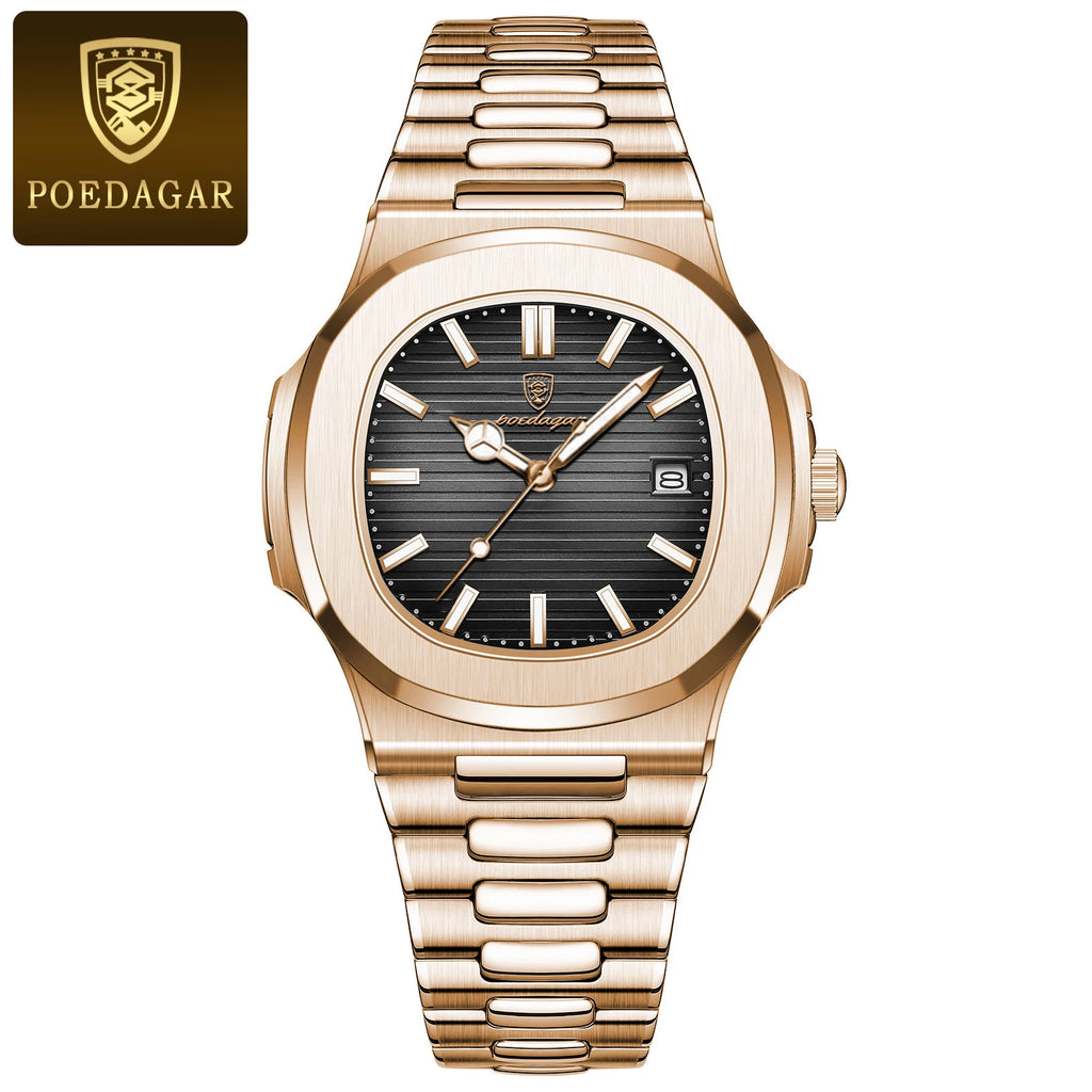 POEDAGAR Luxury Watch Business 50 ATM Waterproof Male Clock Luminous Date Stainless Steel Square Quartz Men Watches