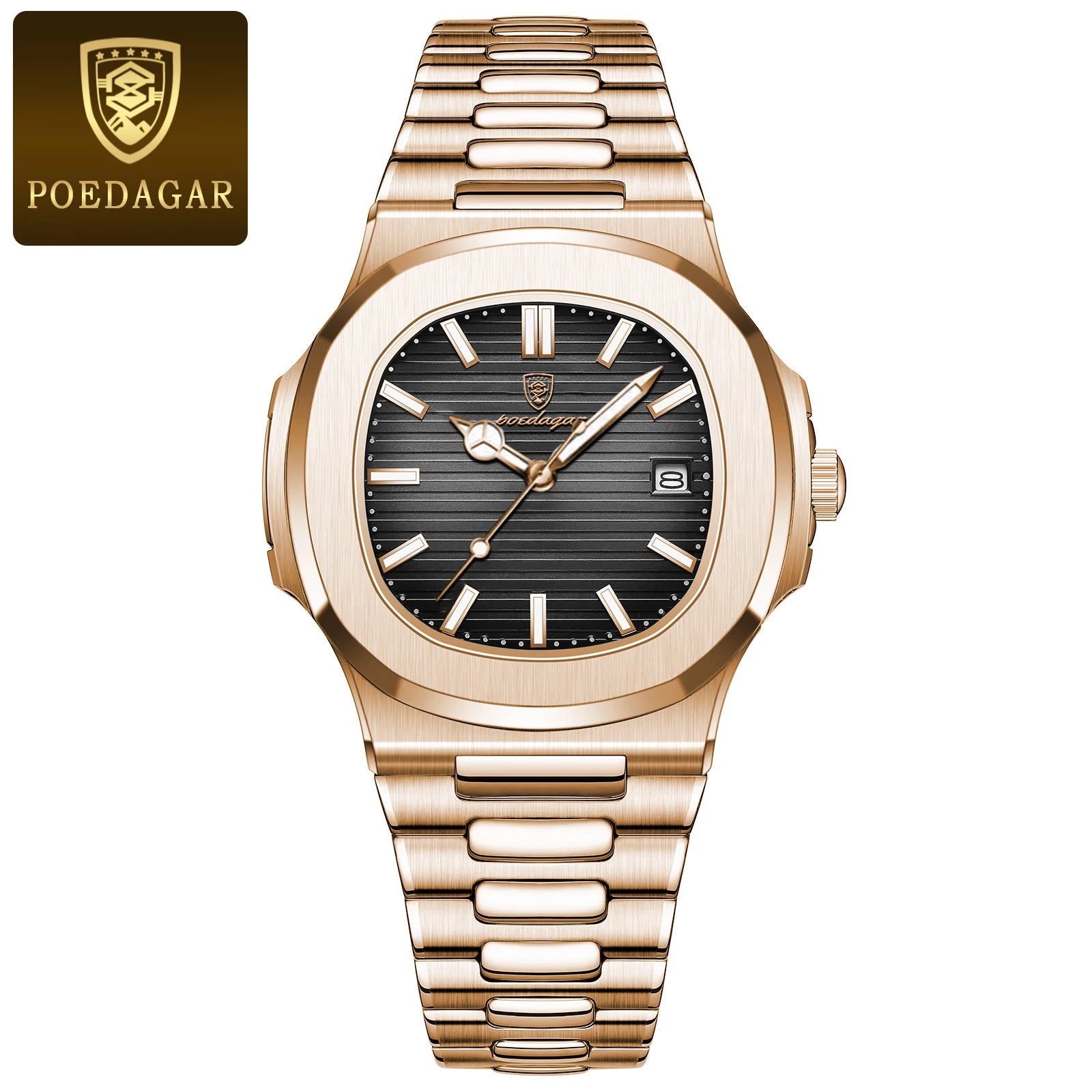 POEDAGAR Luxury Watch Business 50 ATM Waterproof Male Clock Luminous Date Stainless Steel Square Quartz Men Watches