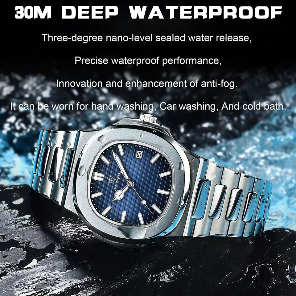 POEDAGAR Luxury Watch Business 50 ATM Waterproof Male Clock Luminous Date Stainless Steel Square Quartz Men Watches